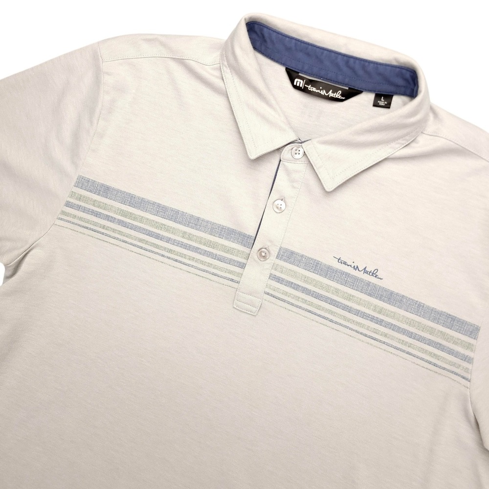 TravisMathew Polo Shirt Mens L Gray Stripe Pima Cotton Golf Performance Top